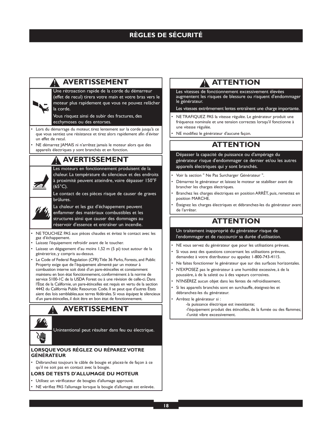 Briggs & Stratton 01655-3 Lorsque Vous Réglez OU Réparez Votre Générateur, Lors DE Tests Dallumage DU Moteur 