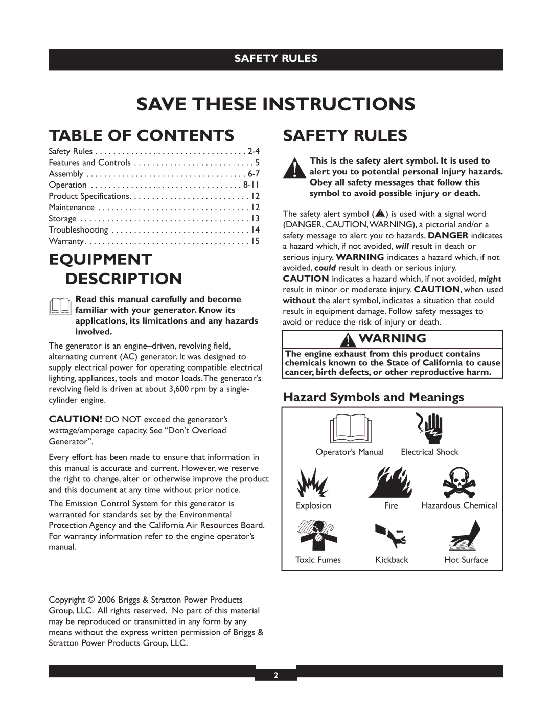 Briggs & Stratton 01655-3 manuel dutilisation Table of Contents, Equipment Description, Safety Rules 