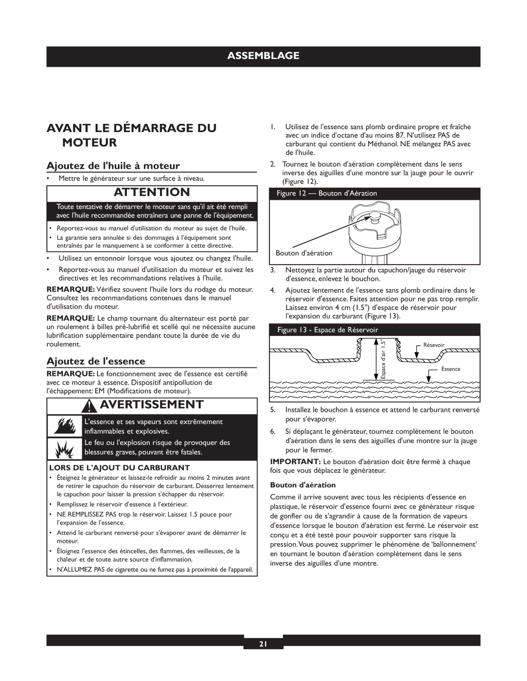 Briggs & Stratton 01655-3 Avant LE Démarrage DU Moteur, Ajoutez de lhuile à moteur, Ajoutez de lessence, Bouton daération 