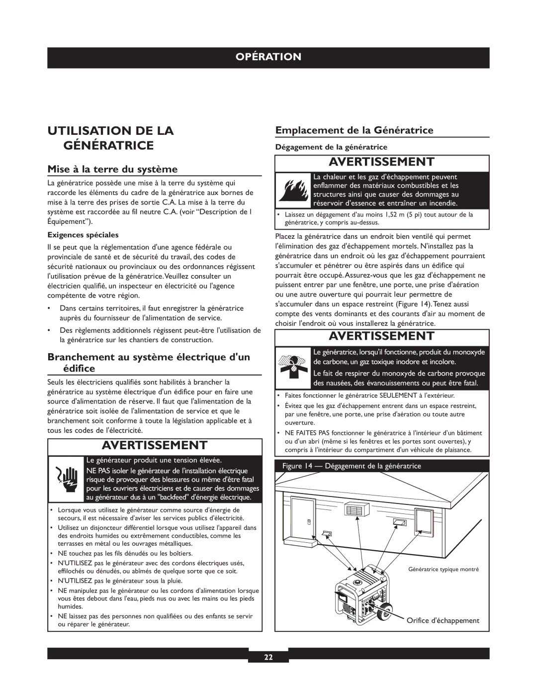 Briggs & Stratton 01655-3 manuel dutilisation Utilisation DE LA, Génératrice 