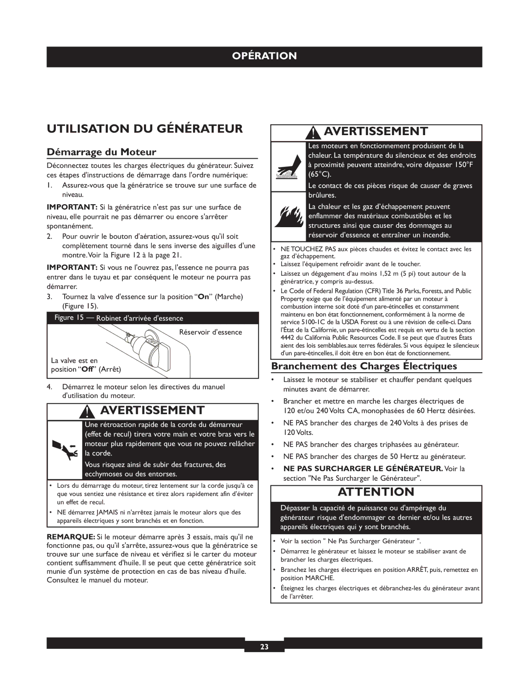 Briggs & Stratton 01655-3 Utilisation DU Générateur, Démarrage du Moteur, Branchement des Charges Électriques 