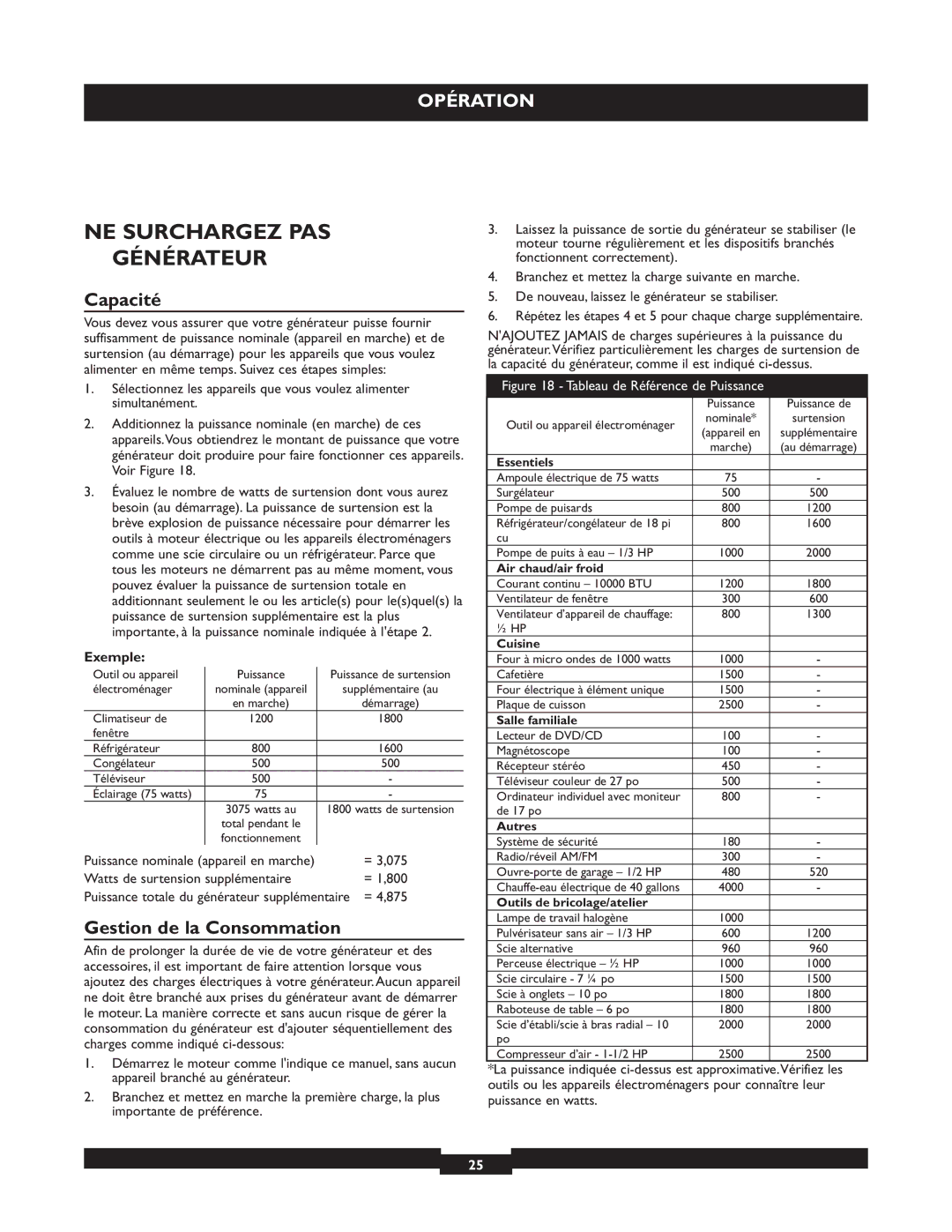 Briggs & Stratton 01655-3 NE Surchargez PAS Générateur, Capacité, Gestion de la Consommation, Exemple, = 3,075 