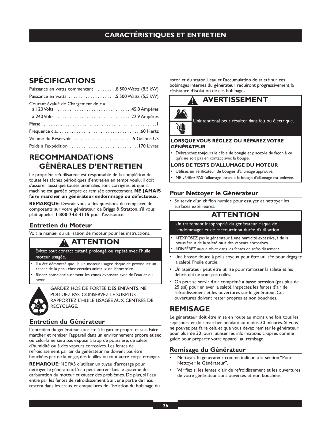 Briggs & Stratton 01655-3 manuel dutilisation Spécifications, Recommandations Générales D’ENTRETIEN, Remisage 