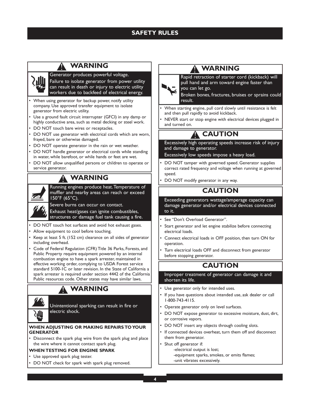 Briggs & Stratton 01655-3 When Adjusting or Making Repairs to Your Generator, When Testing for Engine Spark 