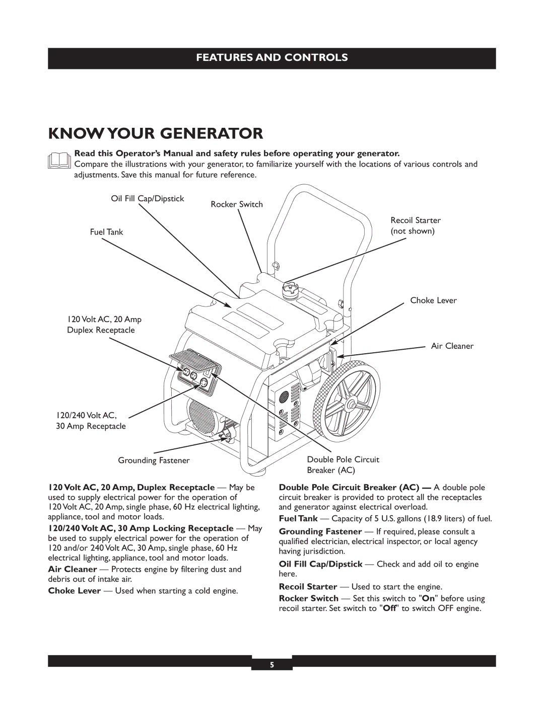 Briggs & Stratton 01655-3 manuel dutilisation Know Your Generator, Recoil Starter, Double Pole Circuit 