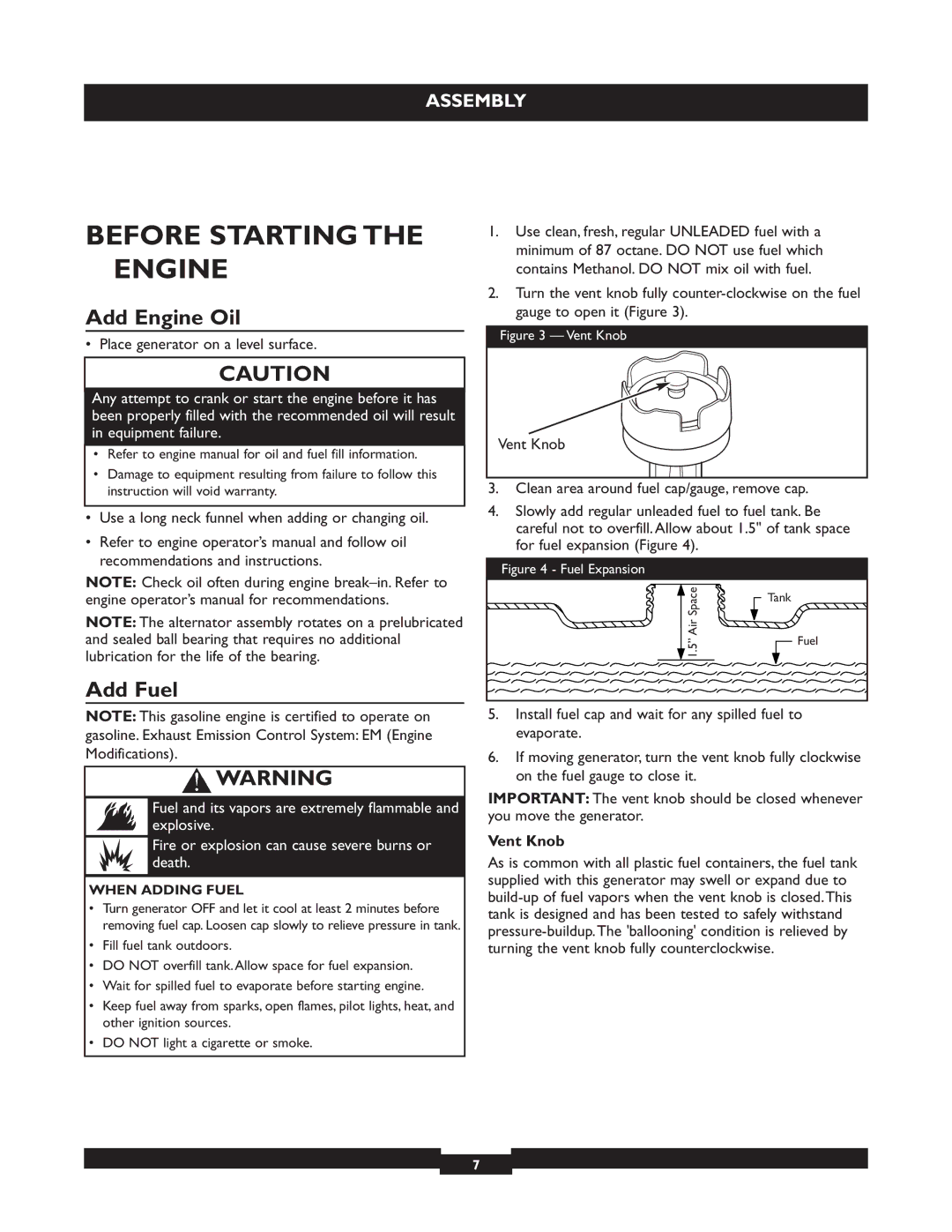 Briggs & Stratton 01655-3 Before Starting the Engine, Add Engine Oil, Add Fuel, Vent Knob, When Adding Fuel 