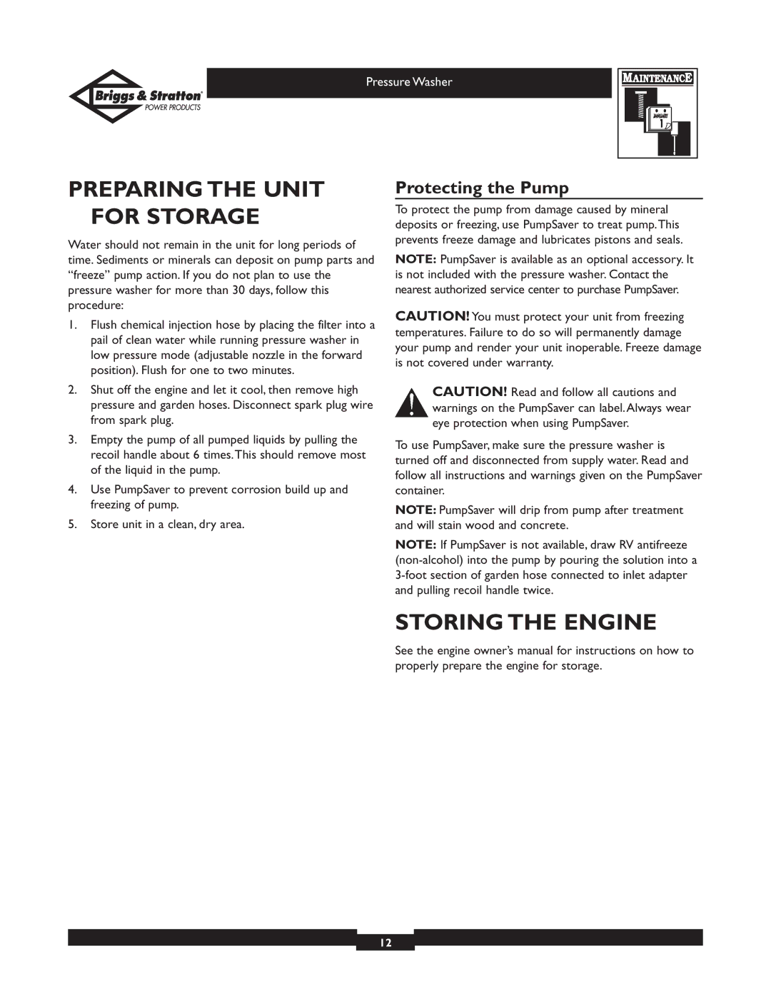 Briggs & Stratton 01804, 01802, 01802, 01804 Preparing the Unit for Storage, Storing the Engine, Protecting the Pump 