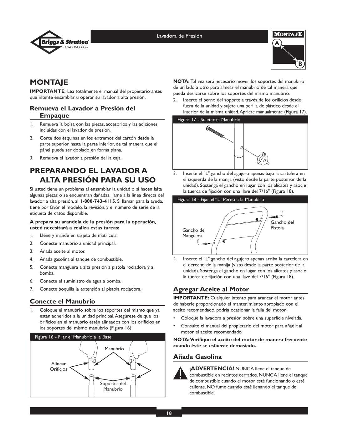 Briggs & Stratton 01804, 01802, 01802, 01804 owner manual Montaje, Preparando EL Lavador a Alta Presión Para SU USO 