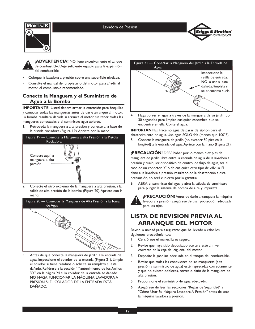 Briggs & Stratton 01802, 01804, 01804, 01802 owner manual Lista DE Revision Previa AL Arranque DEL Motor, Presión 