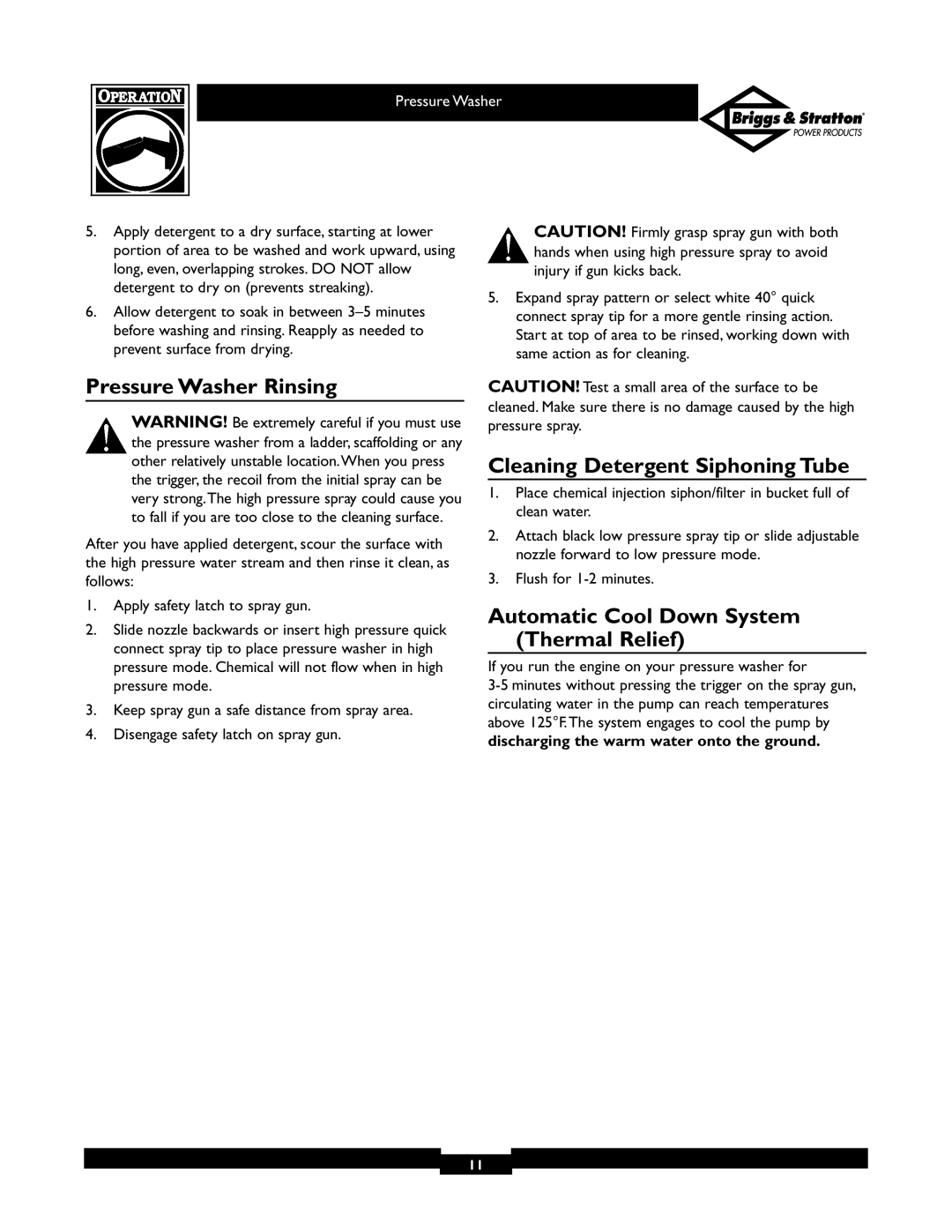 Briggs & Stratton 01806, 01805 owner manual Pressure Washer Rinsing, Cleaning Detergent Siphoning Tube 