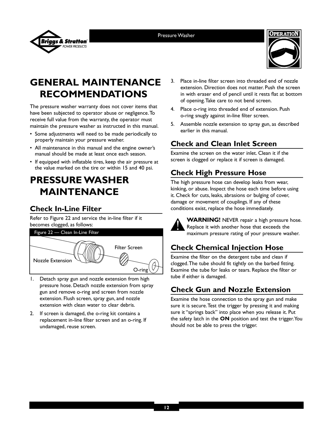 Briggs & Stratton 01805, 01806 owner manual General Maintenance Recommendations, Pressure Washer Maintenance 