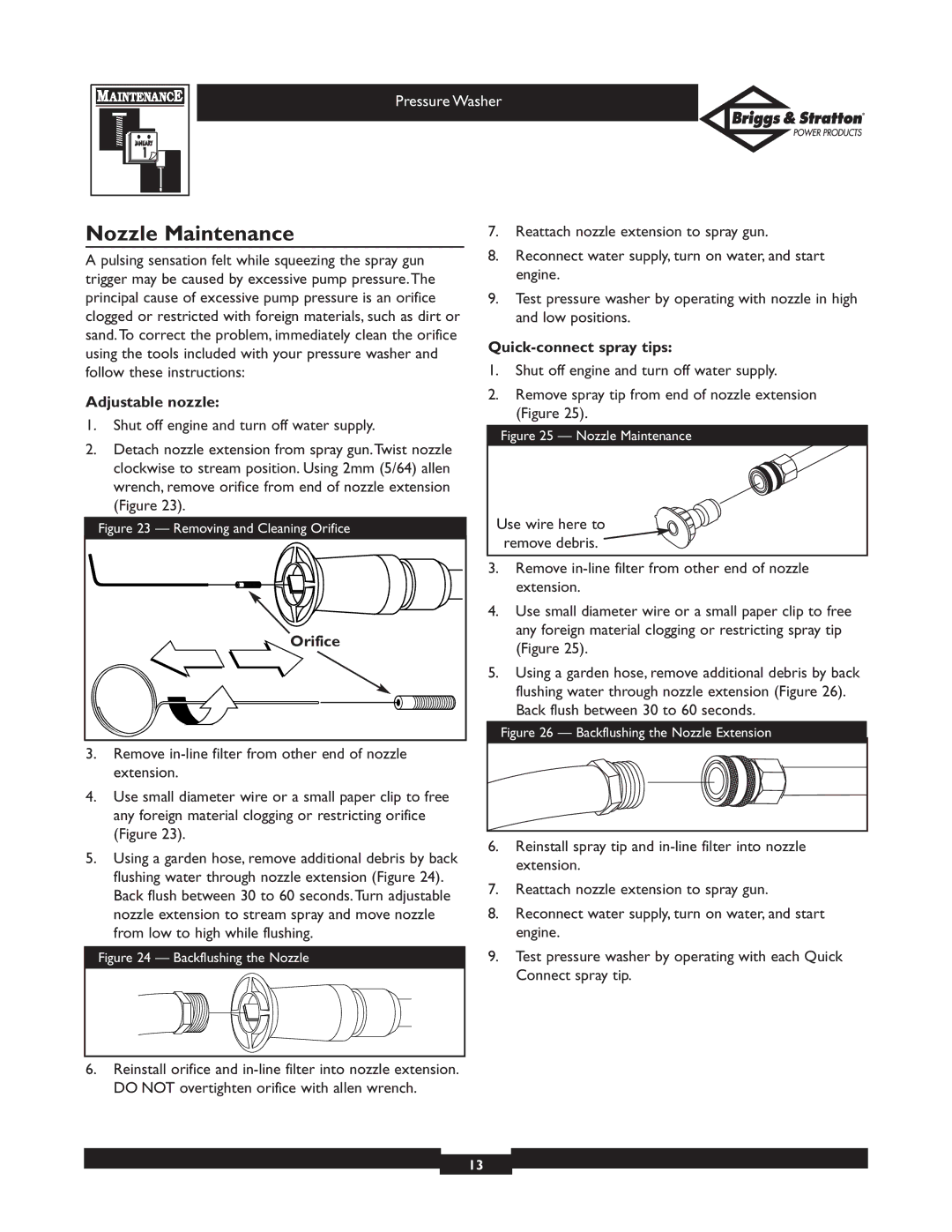 Briggs & Stratton 01806, 01805 owner manual Nozzle Maintenance, Adjustable nozzle, Orifice, Quick-connect spray tips 