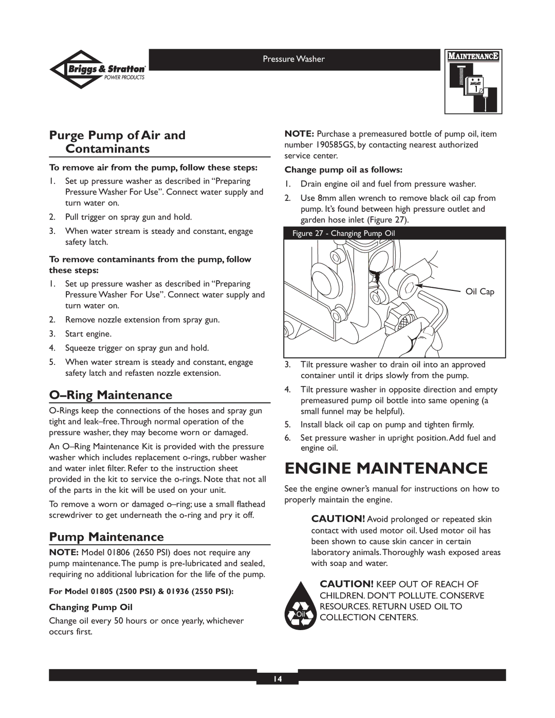 Briggs & Stratton 01805, 01806 Engine Maintenance, Purge Pump of Air Contaminants, Ring Maintenance, Pump Maintenance 