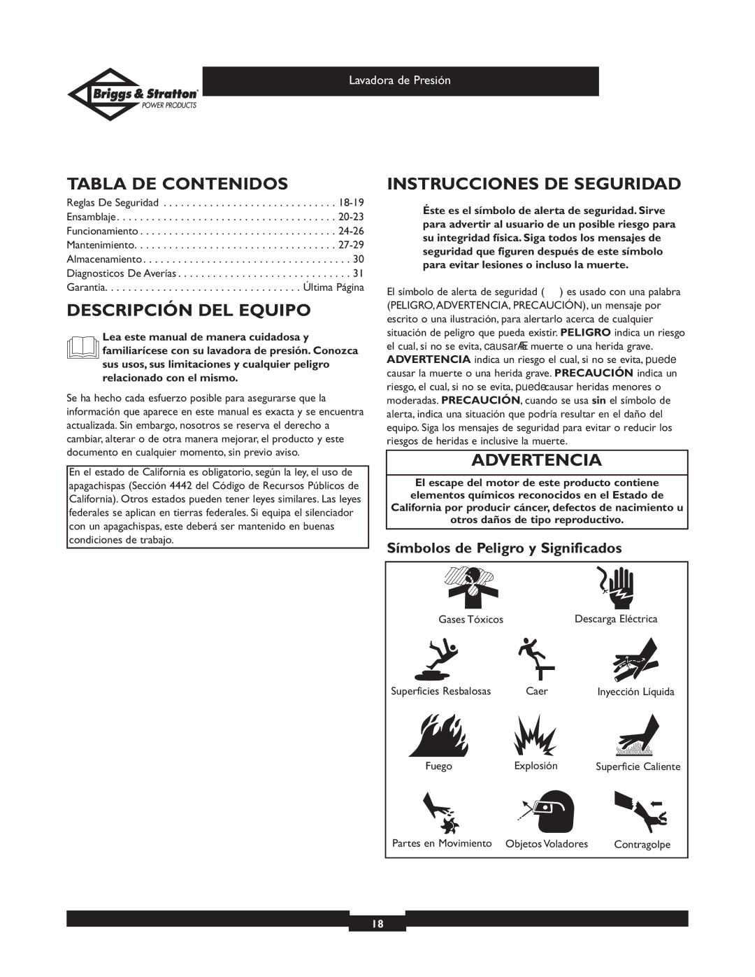 Briggs & Stratton 01805, 01806 Tabla DE Contenidos, Descripción DEL Equipo, Instrucciones DE Seguridad, Advertencia 