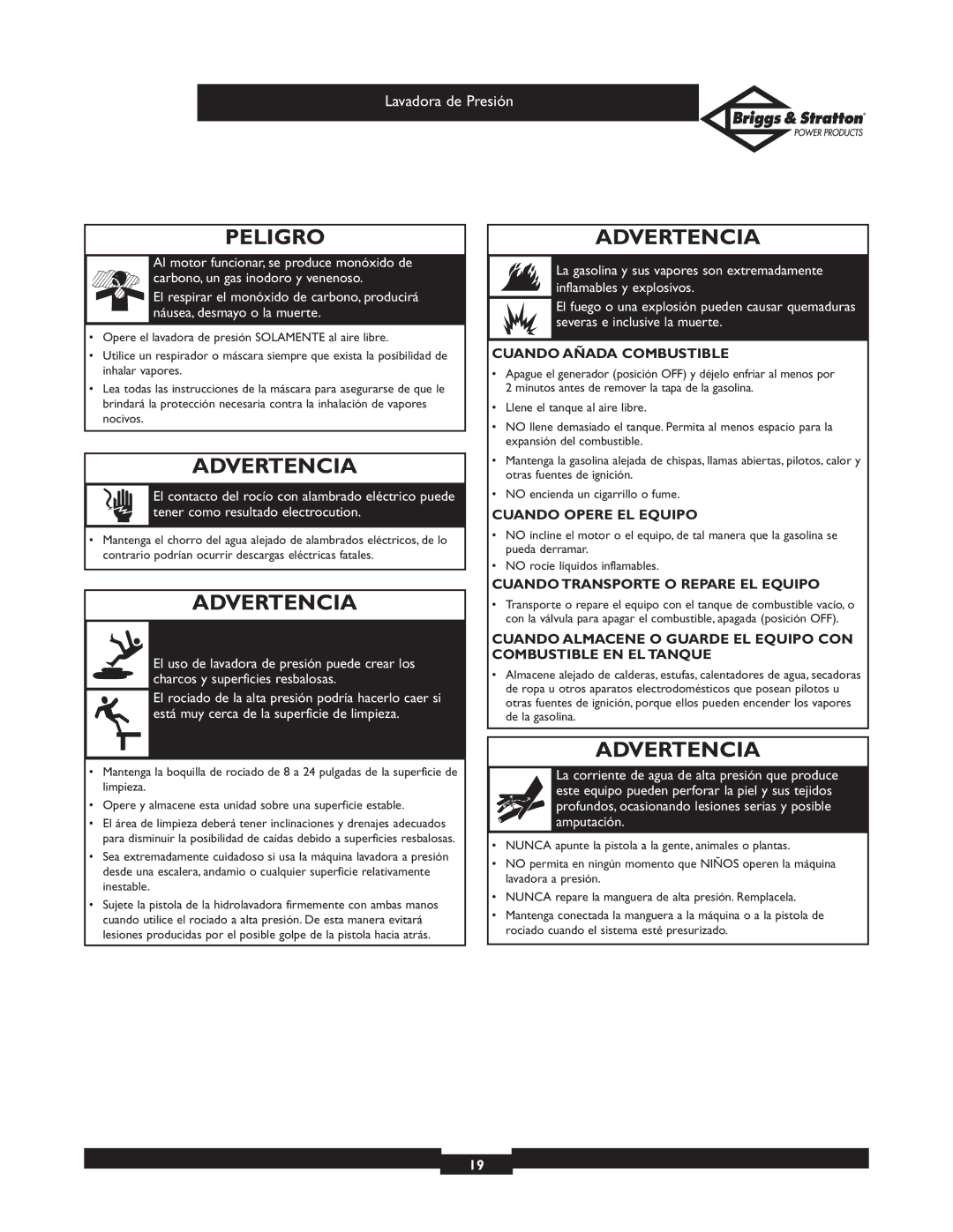 Briggs & Stratton 01806, 01805 owner manual Peligro, Cuando Añada Combustible 