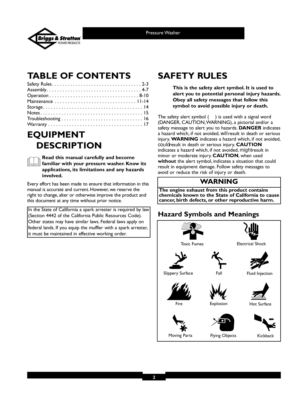 Briggs & Stratton 01805, 01806 Table of Contents, Equipment Description, Safety Rules, Hazard Symbols and Meanings 