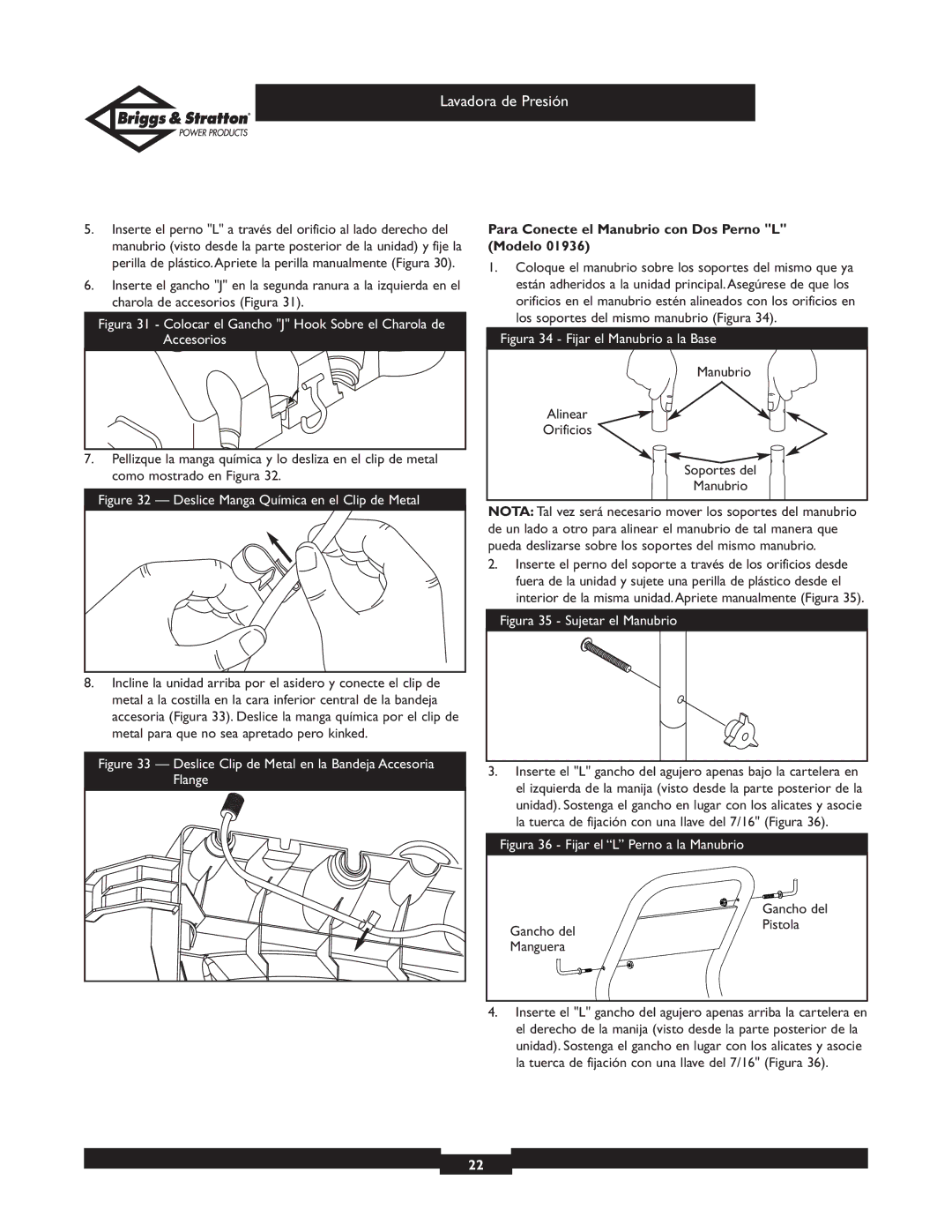 Briggs & Stratton 01805, 01806 owner manual Para Conecte el Manubrio con Dos Perno L Modelo, Gancho del Pistola 