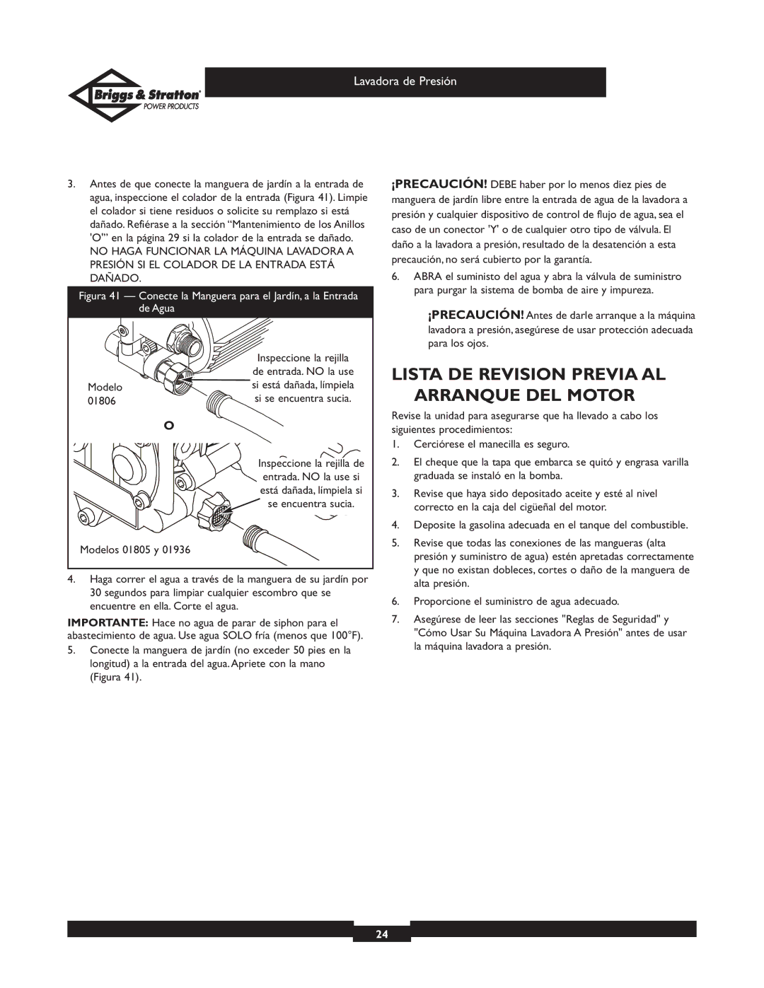 Briggs & Stratton 01805 owner manual Lista DE Revision Previa AL Arranque DEL Motor, Modelo, 01806 