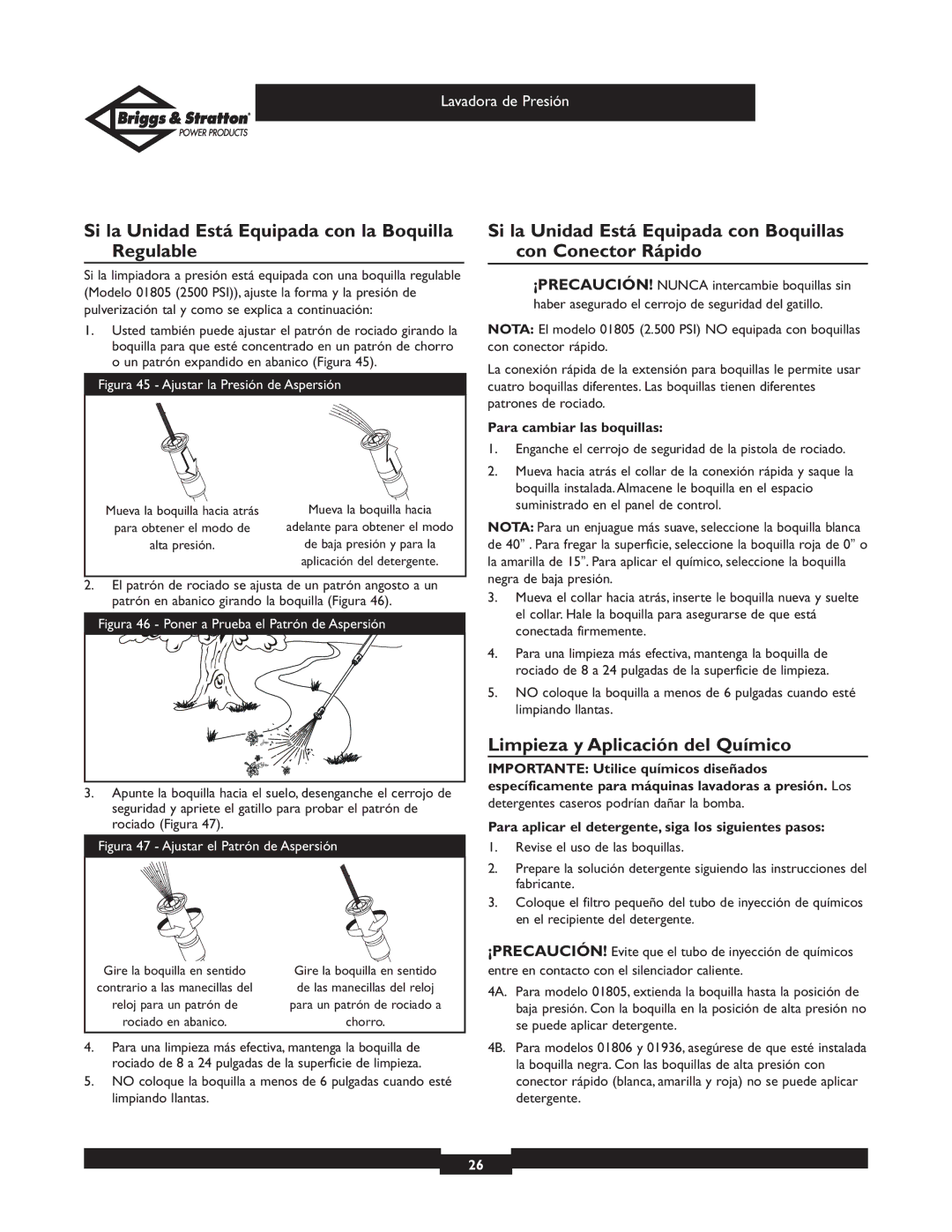Briggs & Stratton 01805, 01806 Si la Unidad Está Equipada con la Boquilla Regulable, Limpieza y Aplicación del Químico 