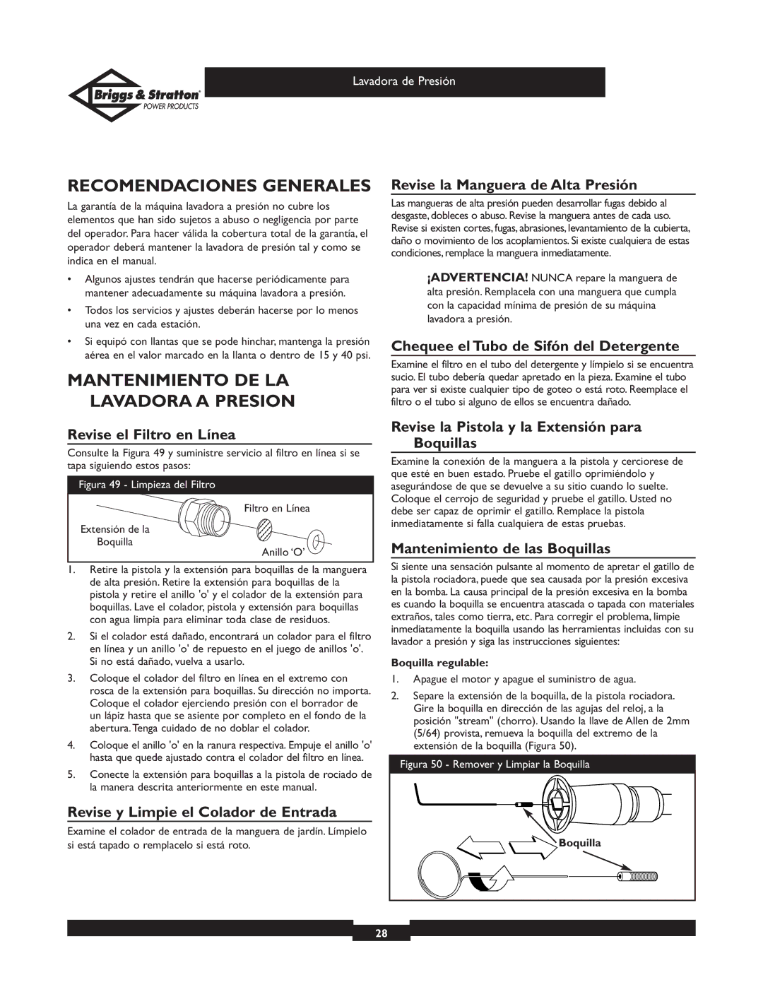 Briggs & Stratton 01805, 01806 owner manual Recomendaciones Generales, Mantenimiento DE LA Lavadora a Presion 