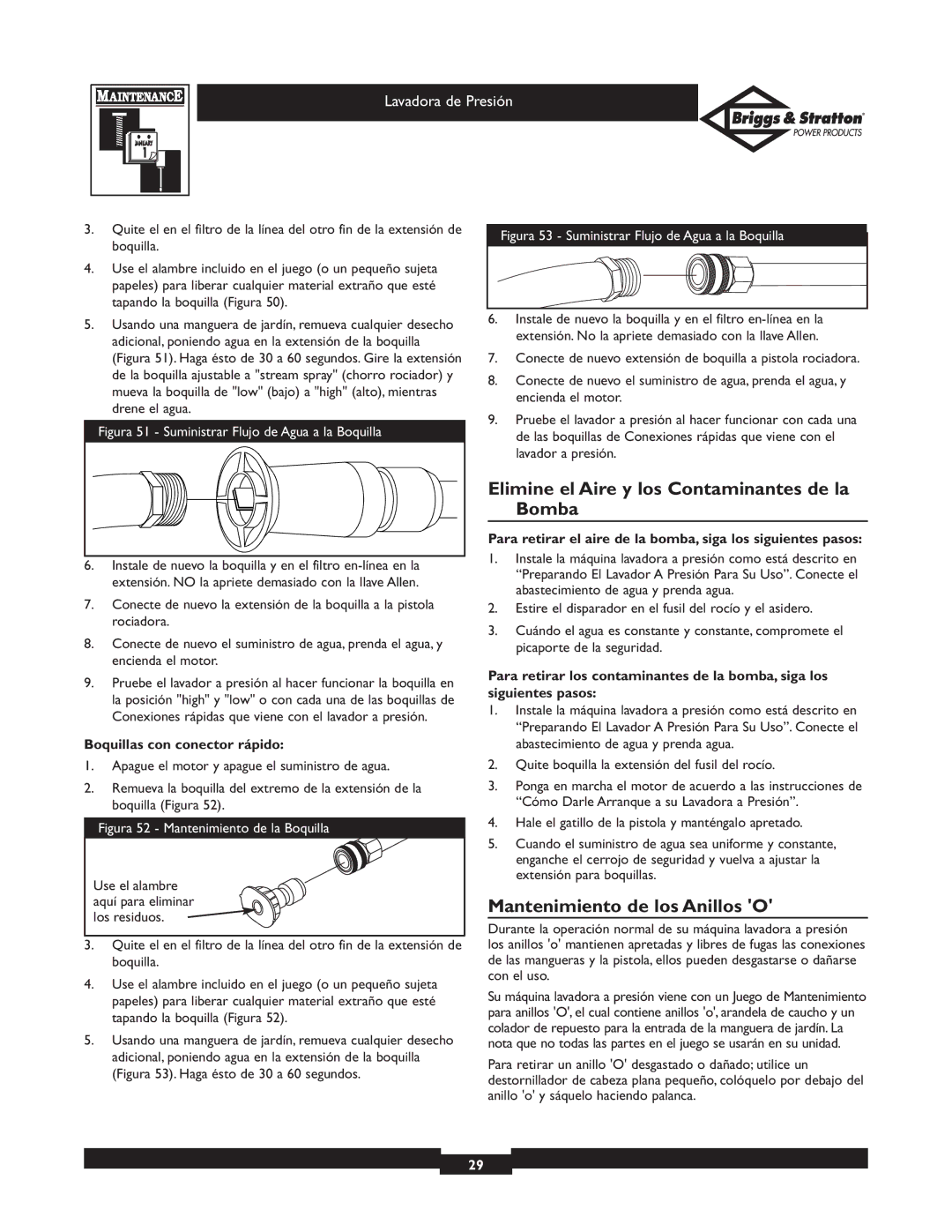 Briggs & Stratton 01806, 01805 owner manual Elimine el Aire y los Contaminantes de la Bomba, Mantenimiento de los Anillos O 