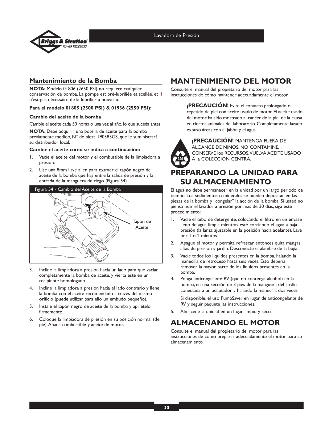 Briggs & Stratton 01805, 01806 Mantenimiento DEL Motor, Preparando LA Unidad Para SU Almacenamiento, Almacenando EL Motor 