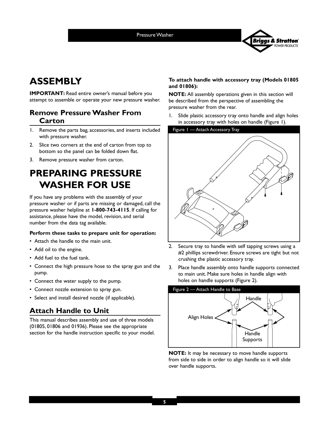 Briggs & Stratton 01806, 01805 owner manual Assembly, Preparing Pressure Washer for USE, Remove Pressure Washer From Carton 