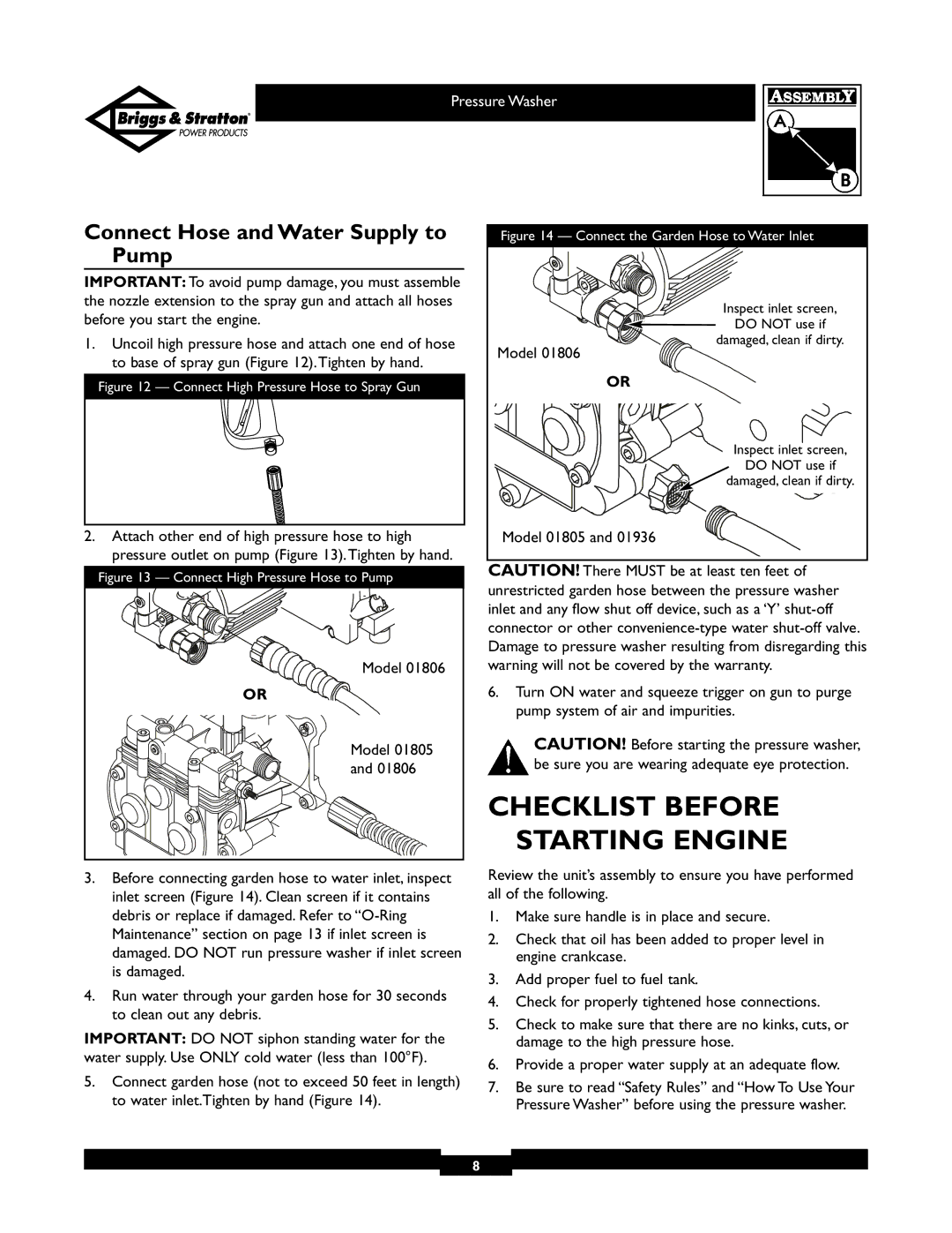 Briggs & Stratton 01805, 01806 owner manual Checklist Before Starting Engine, Connect Hose and Water Supply to Pump, Model 