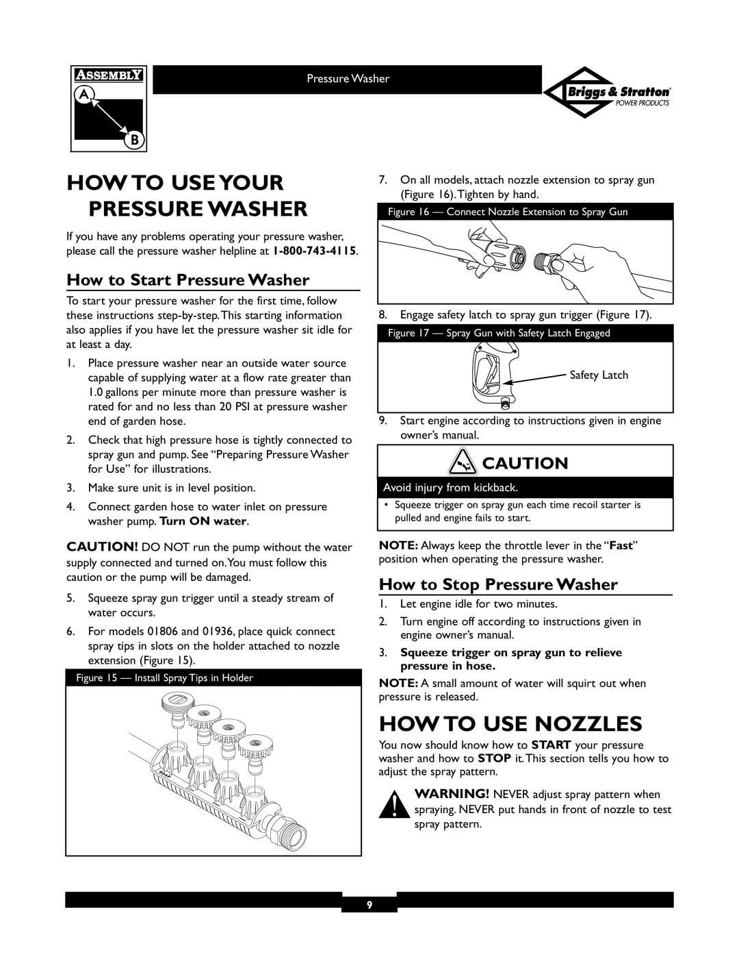 Briggs & Stratton 01806 HOW to USE Your, HOW to USE Nozzles, How to Start Pressure Washer, How to Stop Pressure Washer 