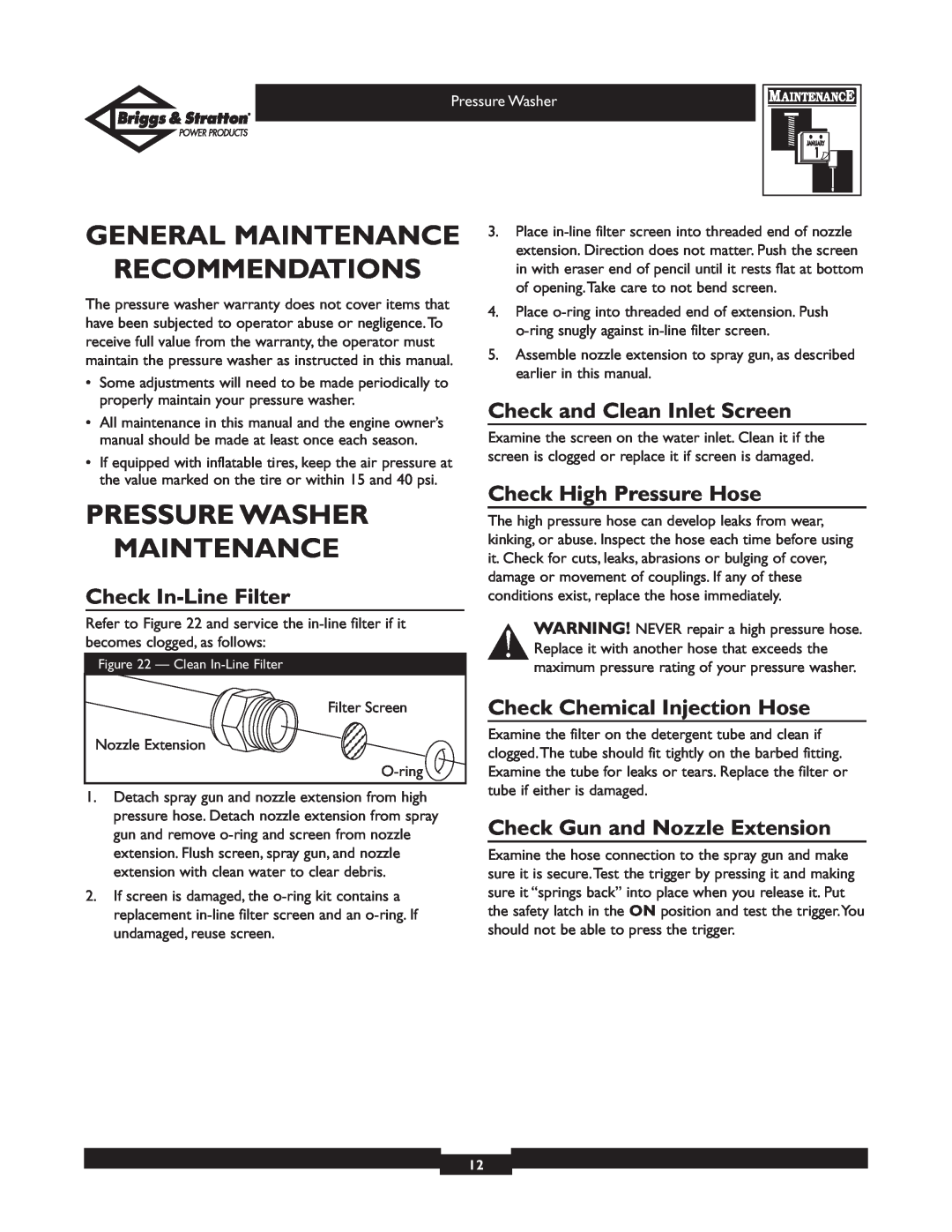 Briggs & Stratton 01805, 01806 General Maintenance Recommendations, Pressure Washer Maintenance, Check In-Line Filter 