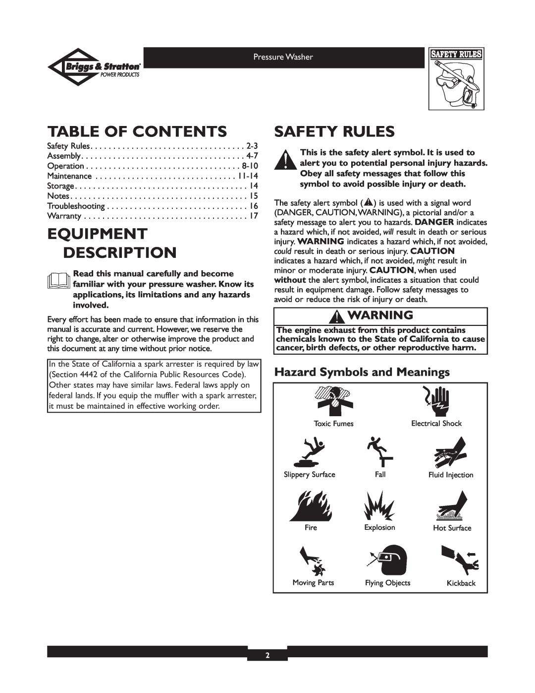 Briggs & Stratton 01805, 01806 Table Of Contents, Equipment Description, Safety Rules, Hazard Symbols and Meanings 