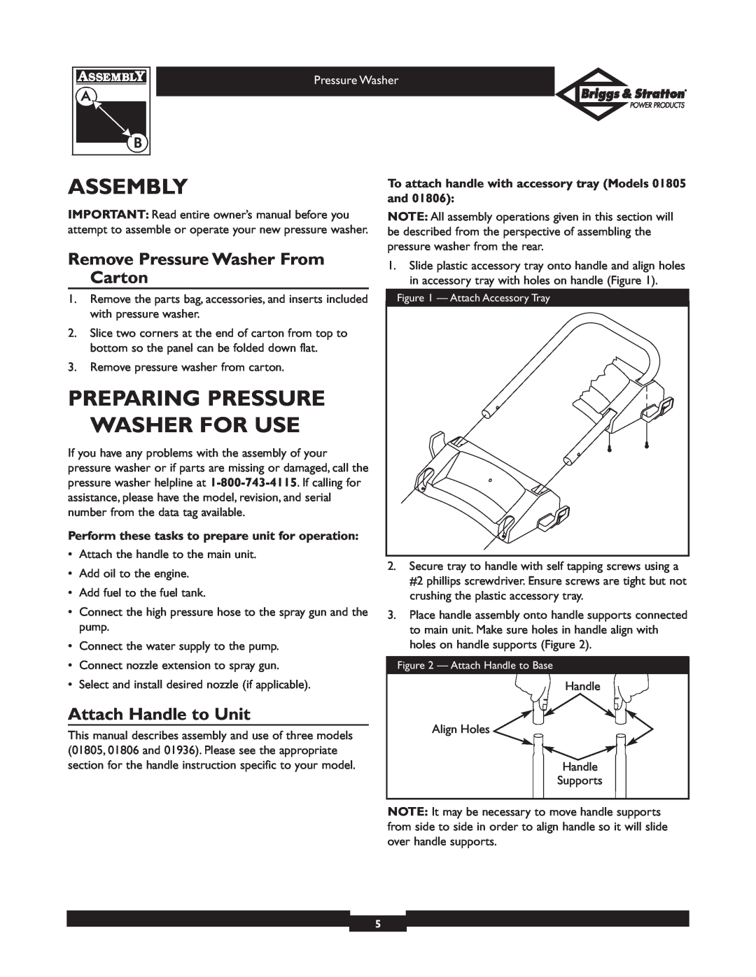 Briggs & Stratton 01806, 01805 owner manual Assembly, Preparing Pressure Washer For Use, Remove Pressure Washer From Carton 