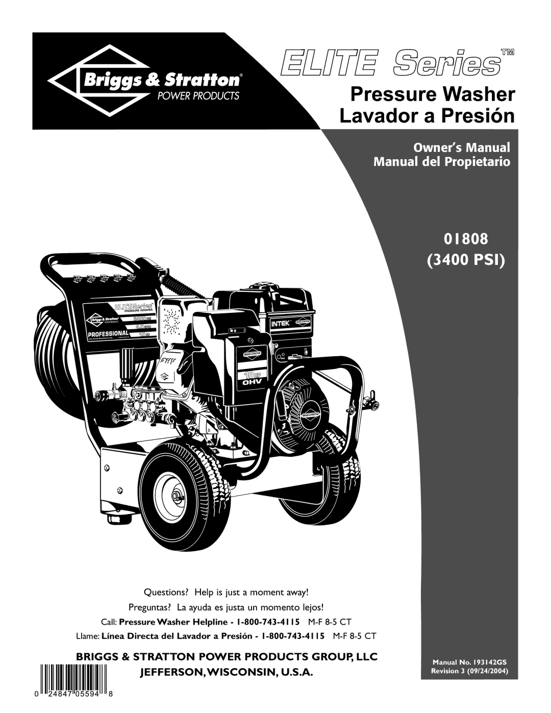 Briggs & Stratton owner manual 01808 3400 PSI 