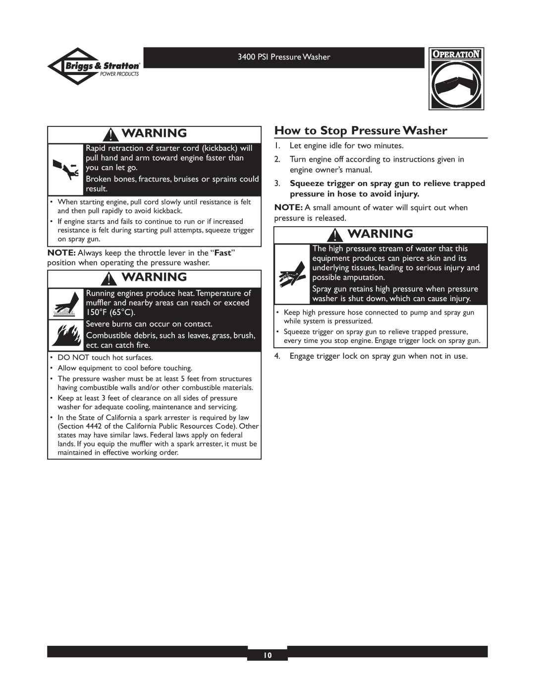 Briggs & Stratton 01808 owner manual How to Stop Pressure Washer 