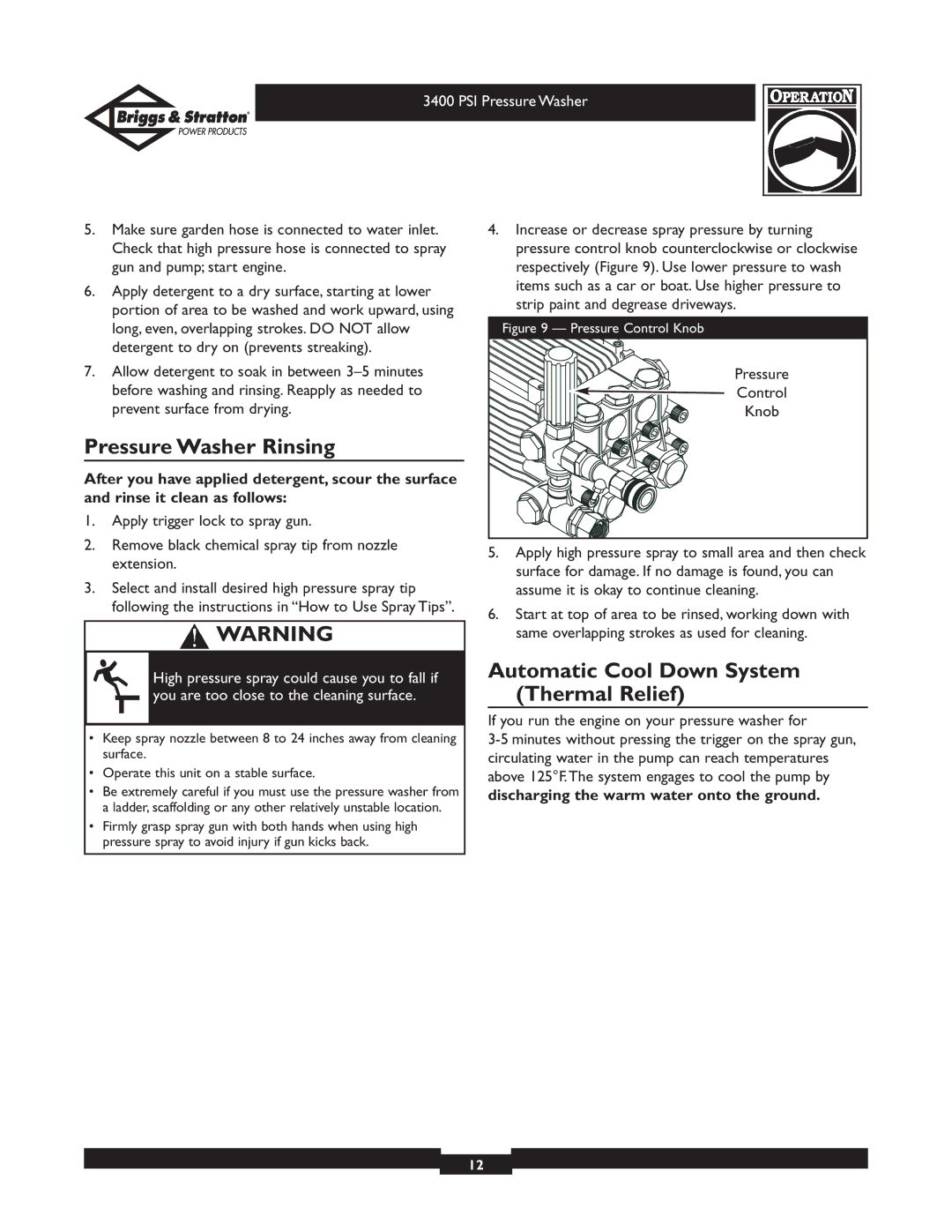 Briggs & Stratton 01808 owner manual Pressure Washer Rinsing, Automatic Cool Down System Thermal Relief 