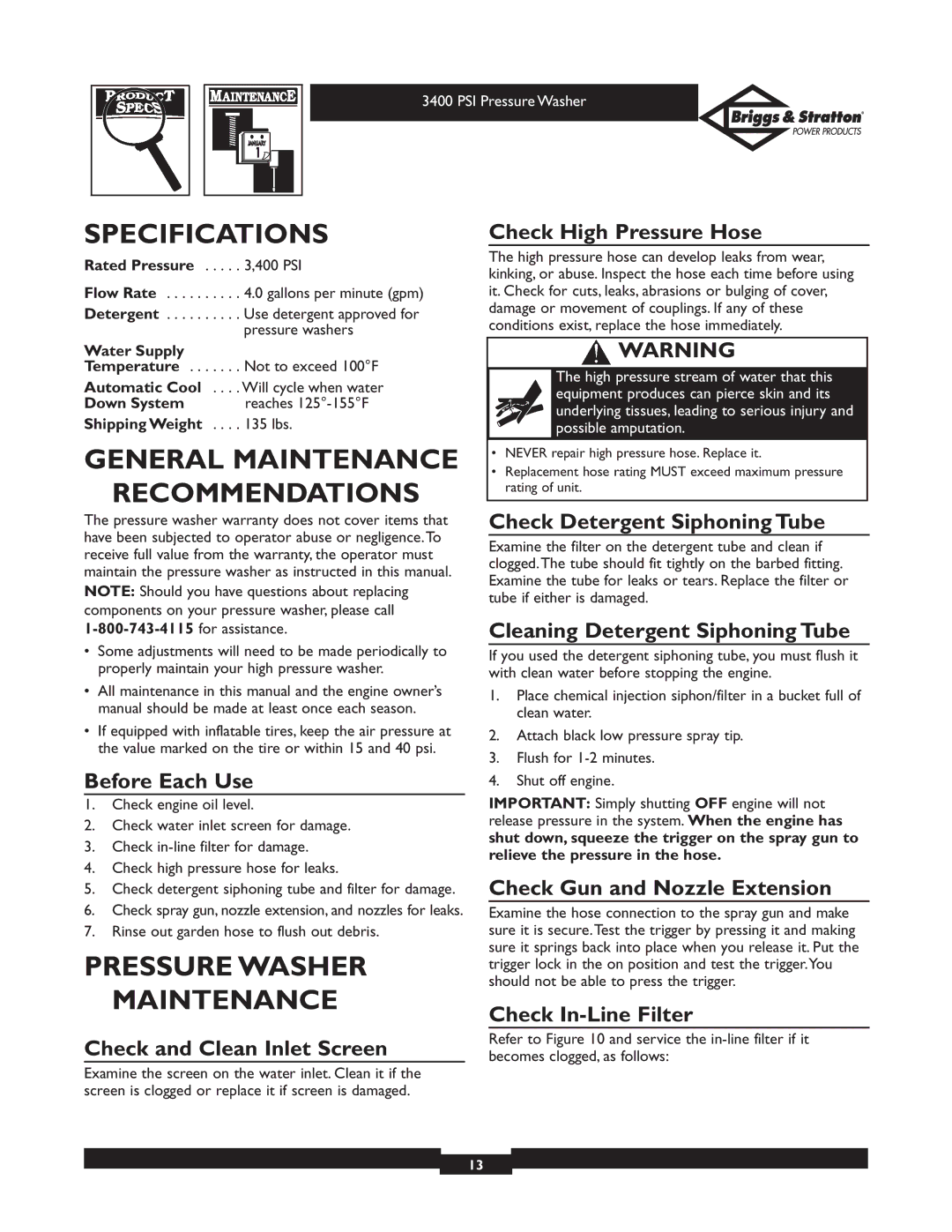 Briggs & Stratton 01808 owner manual Specifications, General Maintenance Recommendations, Pressure Washer Maintenance 