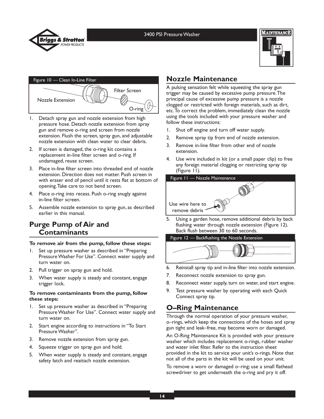 Briggs & Stratton 01808 owner manual Purge Pump of Air Contaminants, Nozzle Maintenance, Ring Maintenance 