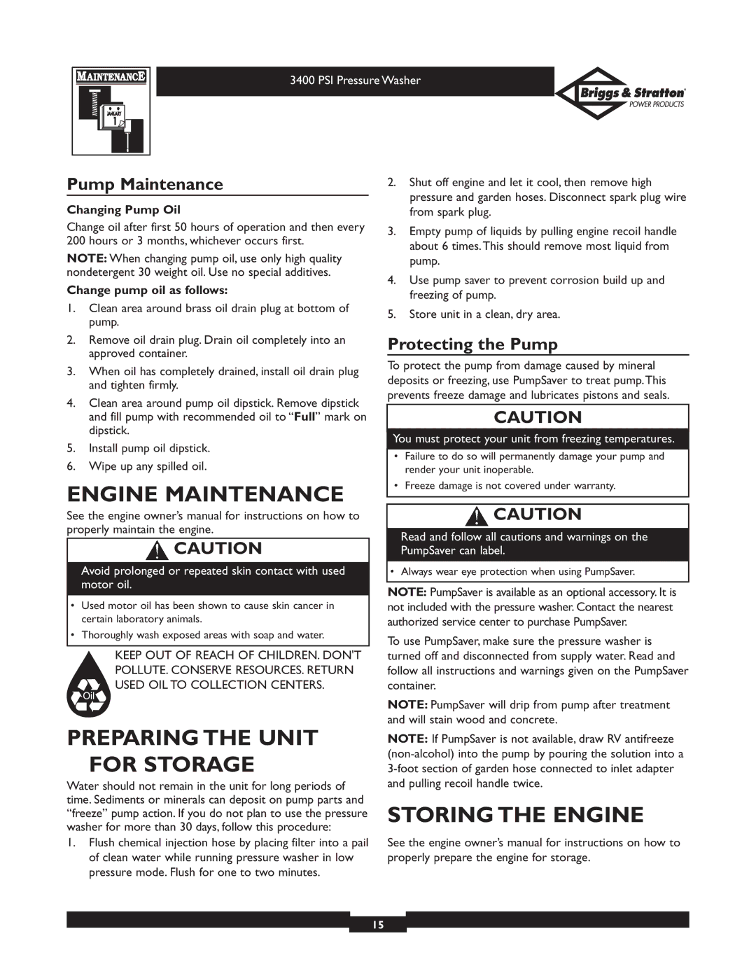 Briggs & Stratton 01808 Engine Maintenance, Preparing the Unit for Storage, Storing the Engine, Pump Maintenance 