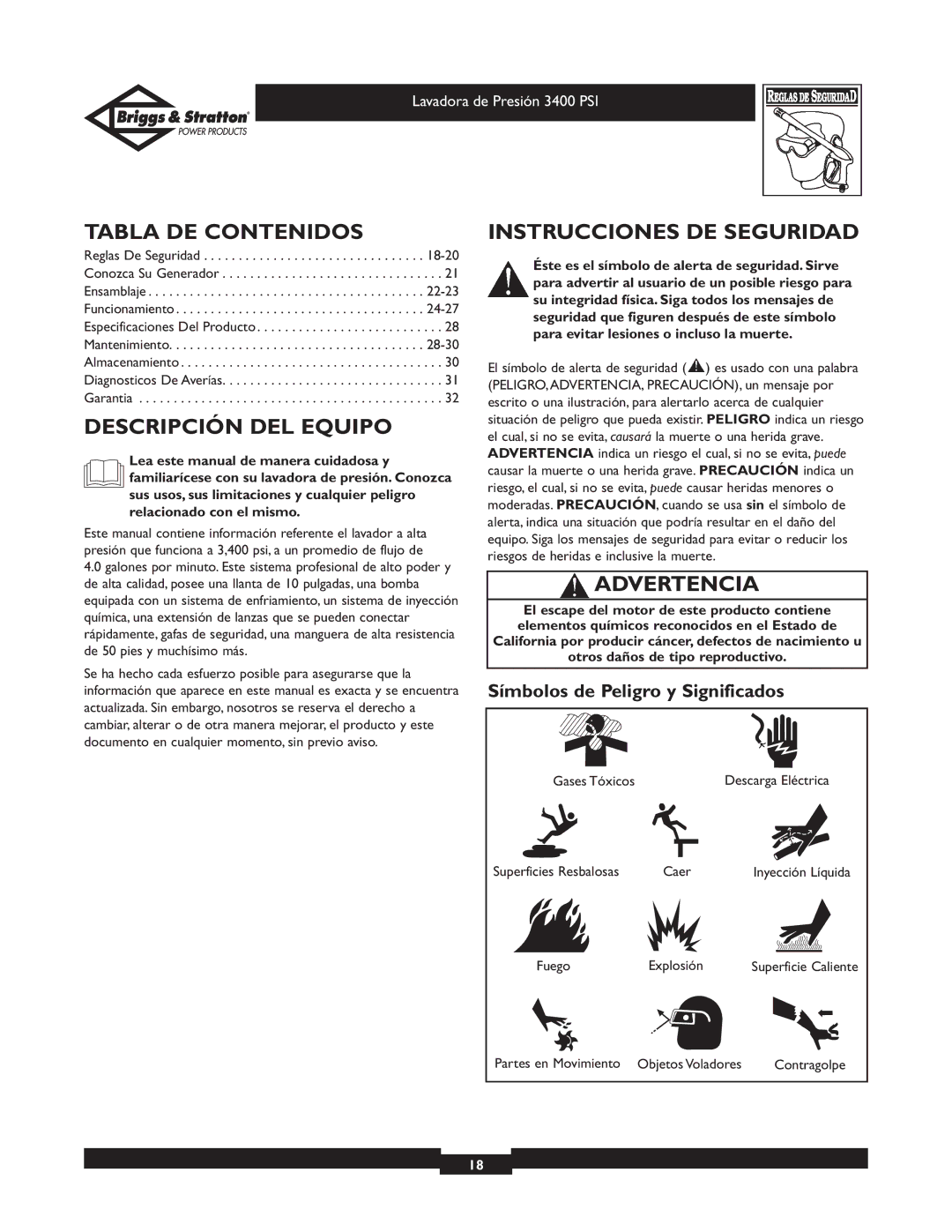 Briggs & Stratton 01808 owner manual Tabla DE Contenidos, Descripción DEL Equipo, Instrucciones DE Seguridad, Advertencia 