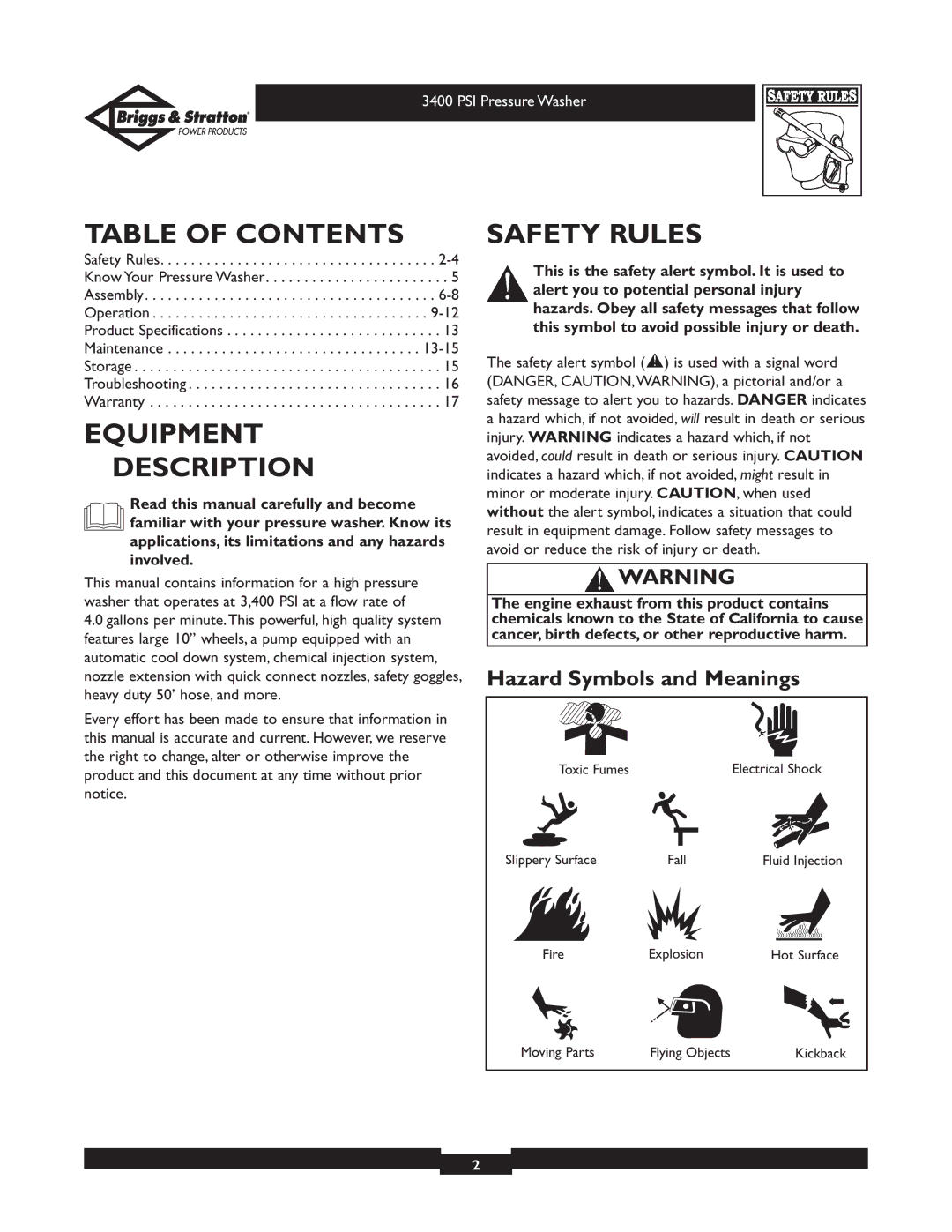 Briggs & Stratton 01808 owner manual Table of Contents, Equipment Description, Safety Rules 