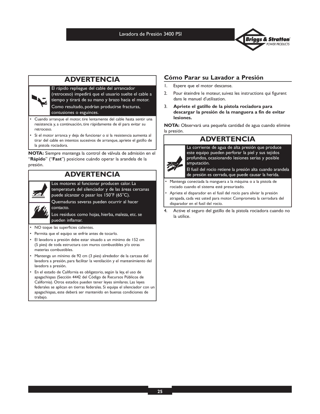 Briggs & Stratton 01808 owner manual Cómo Parar su Lavador a Presión 