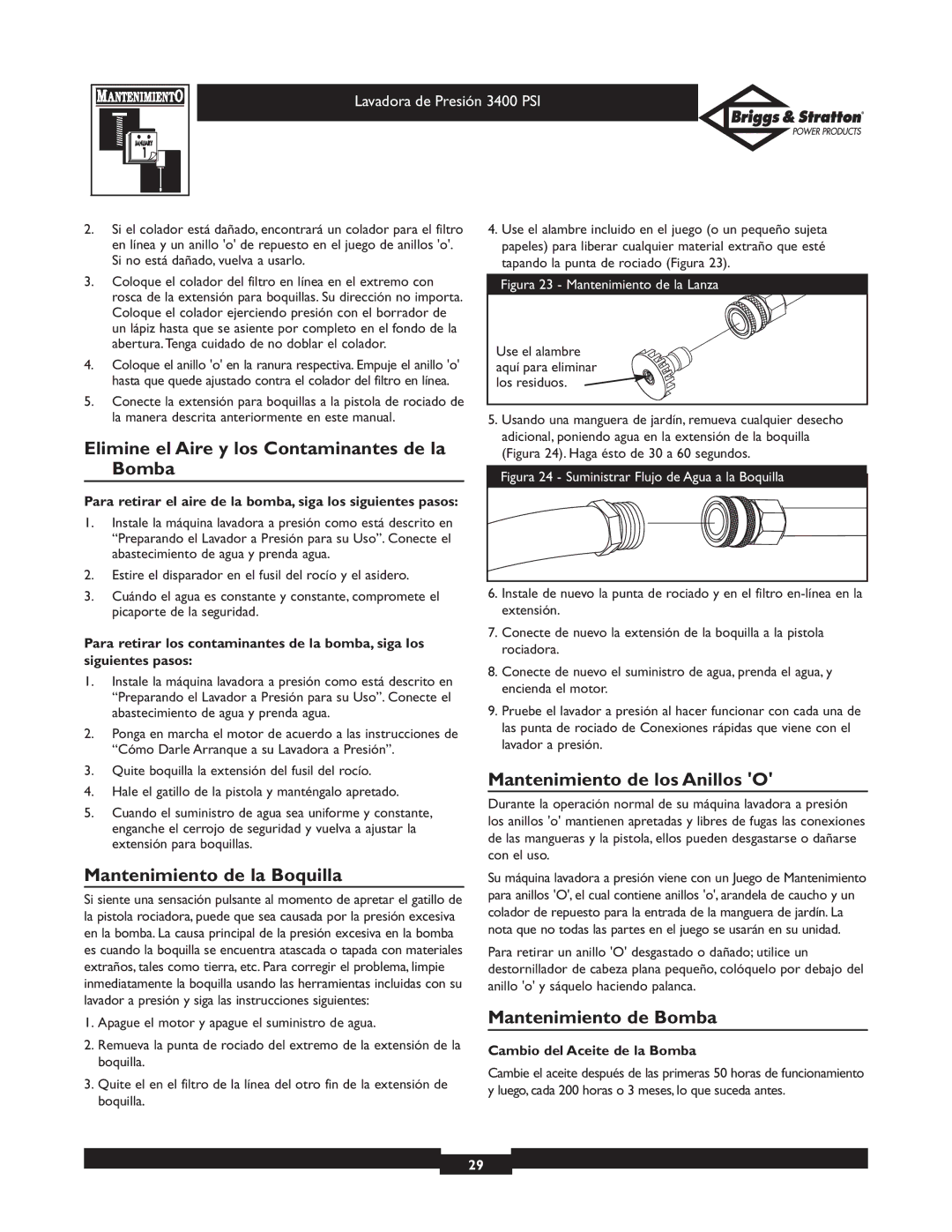 Briggs & Stratton 01808 owner manual Elimine el Aire y los Contaminantes de la Bomba, Mantenimiento de los Anillos O 