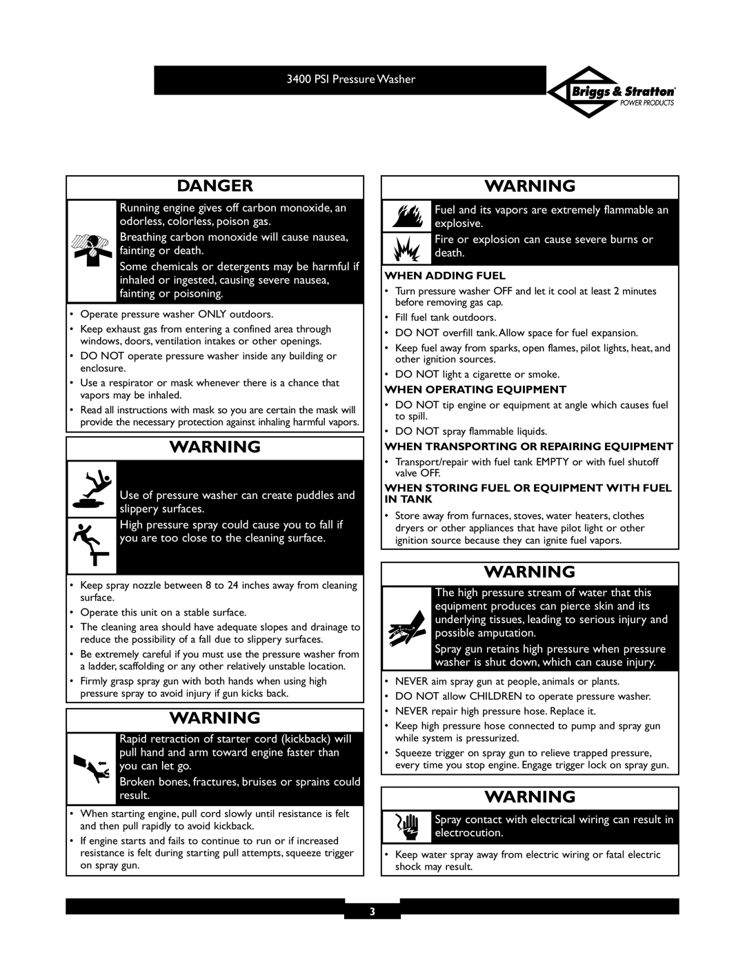 Briggs & Stratton 01808 owner manual Operate pressure washer only outdoors, When Adding Fuel 