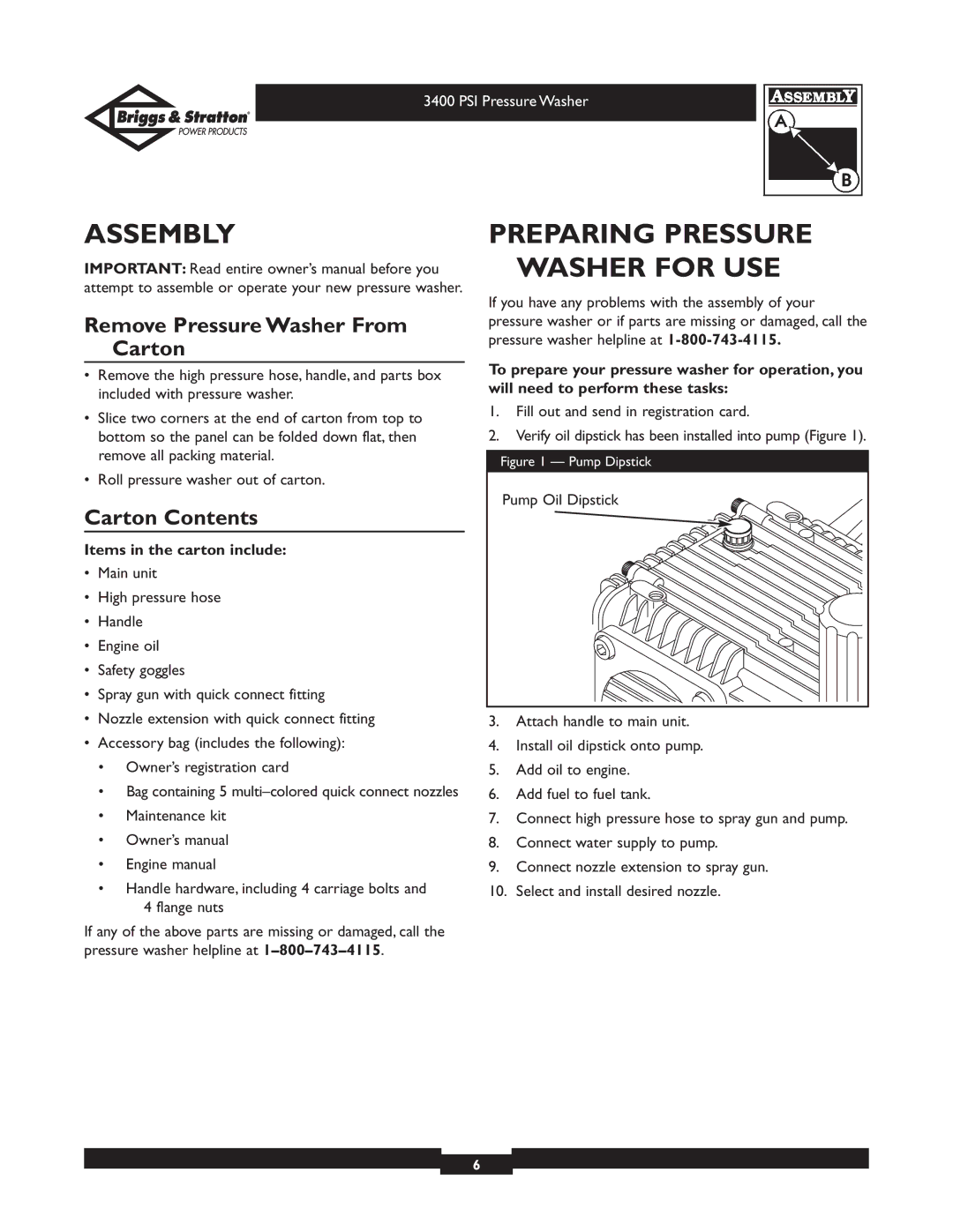 Briggs & Stratton 01808 Assembly, Preparing Pressure Washer for USE, Remove Pressure Washer From Carton, Carton Contents 