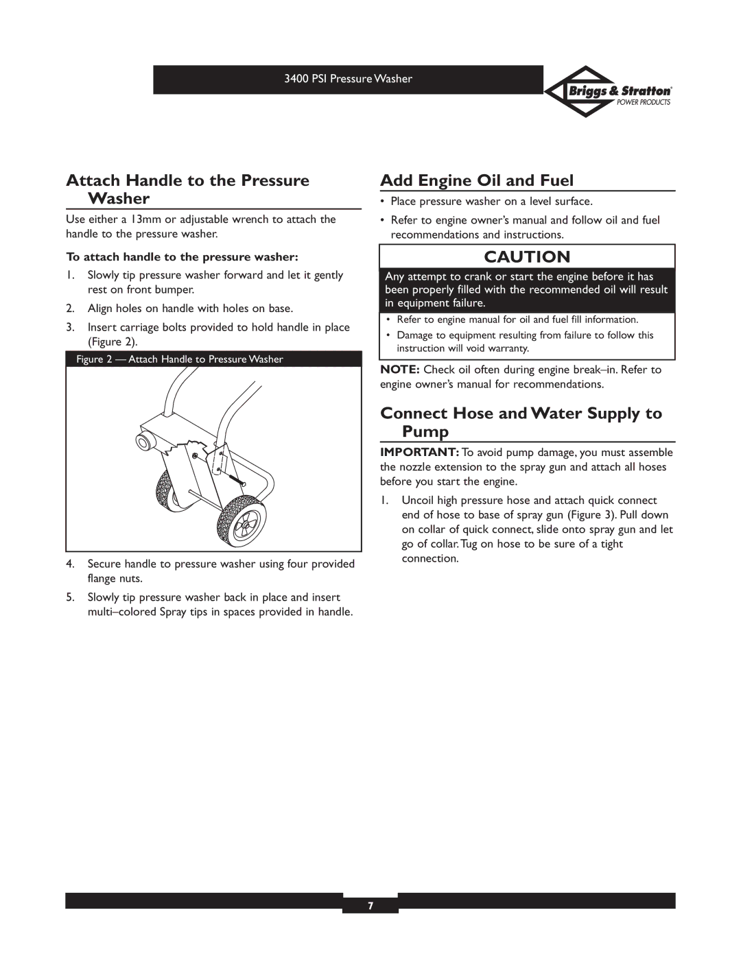 Briggs & Stratton 01808 owner manual Attach Handle to the Pressure Washer, Add Engine Oil and Fuel 