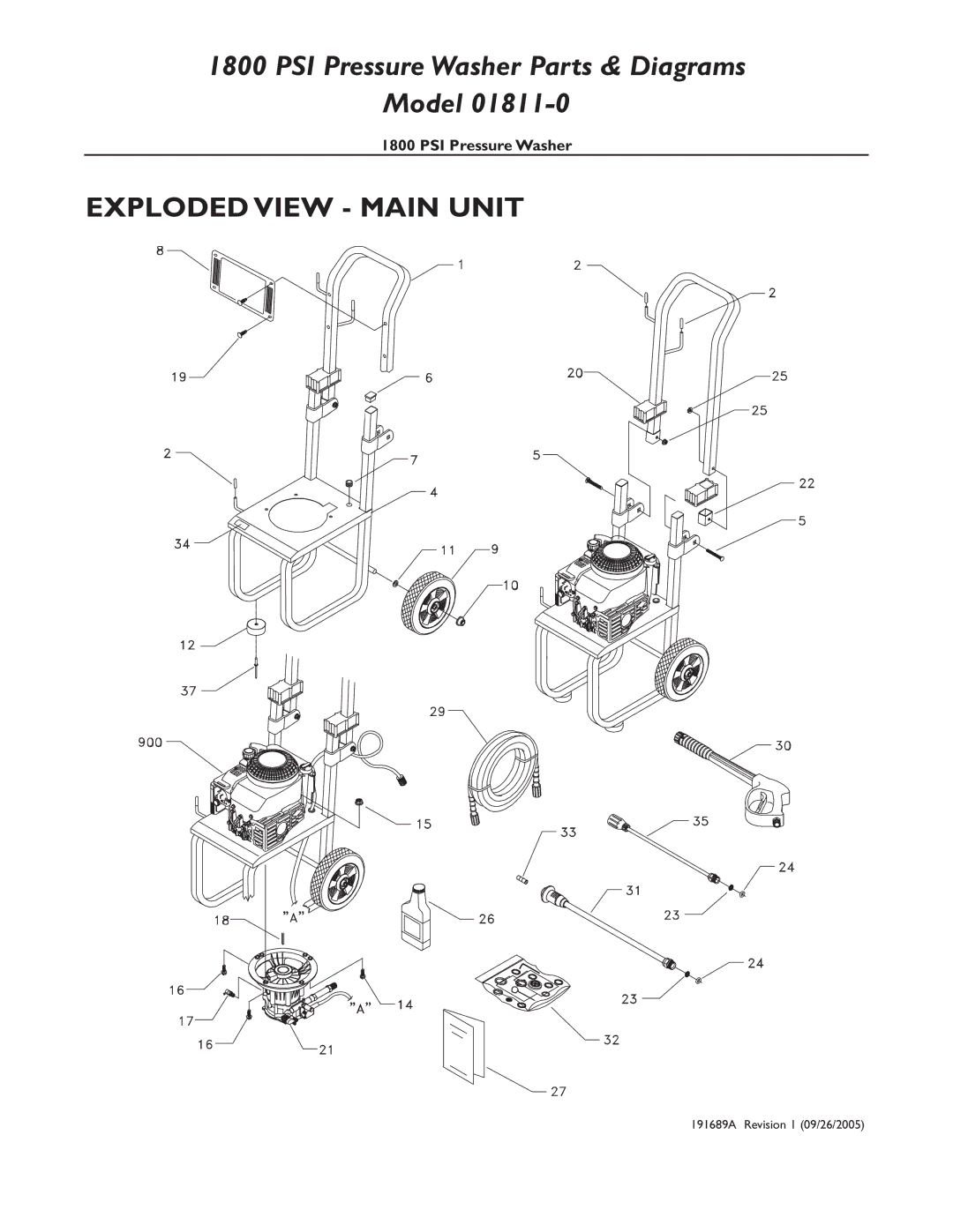 Briggs & Stratton 01811-0 manual PSI Pressure Washer Parts & Diagrams Model, Exploded View Main Unit 