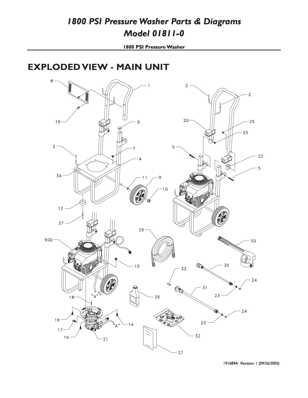 Briggs & Stratton 01811-0 manual Exploded View - Main Unit, PSI Pressure Washer, 191689A Revision 1 09/26/2005 