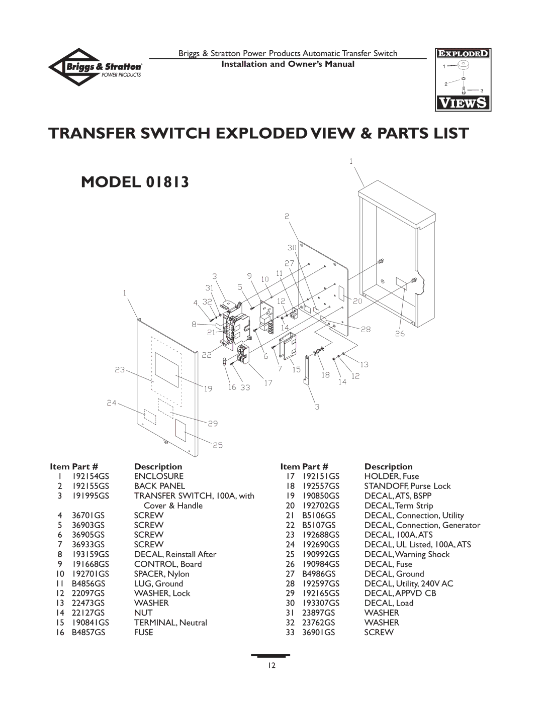 Briggs & Stratton 01814-0, 01813-0 owner manual Transfer Switch Exploded View & Parts List, Description 