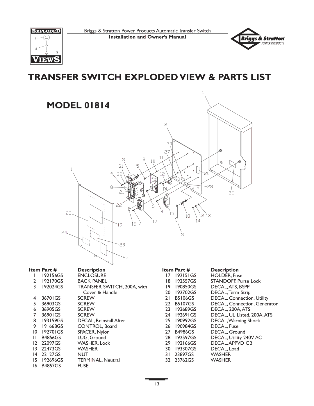 Briggs & Stratton 01813-0, 01814-0 owner manual DECAL, 200A,ATS 