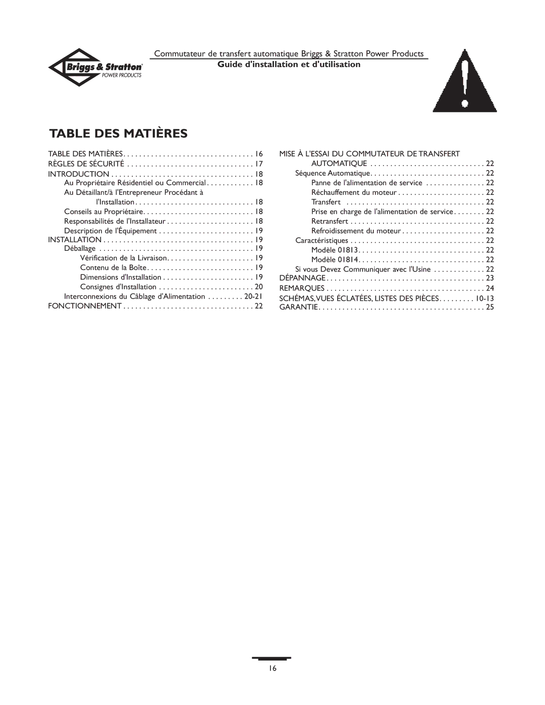 Briggs & Stratton 01814-0, 01813-0 owner manual Table DES Matières, Guide dinstallation et dutilisation 